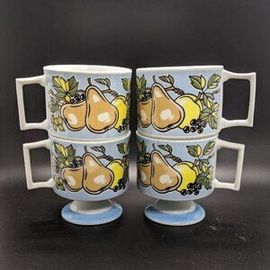 Florencia Mug Set of 4 Footed Blue with Fruit Vtg MCM Tea Coffee Floral 8 oz